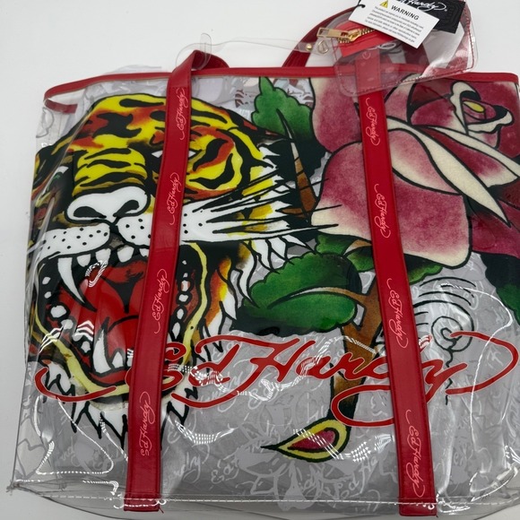 Ed Hardy Tiger Rose Clear PVC Tote‎ Bag Handbag with Red Trim and Pouch $159 - Picture 12 of 14